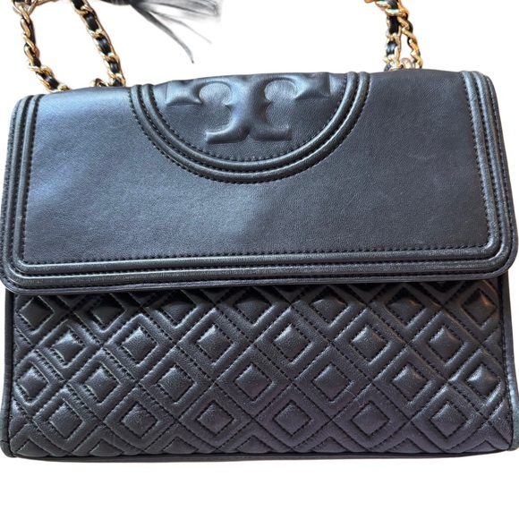 Black Tory Burch Fleming Convertible Bag Quilted Leather Crossbody or Shoulder - Picture 3 of 11